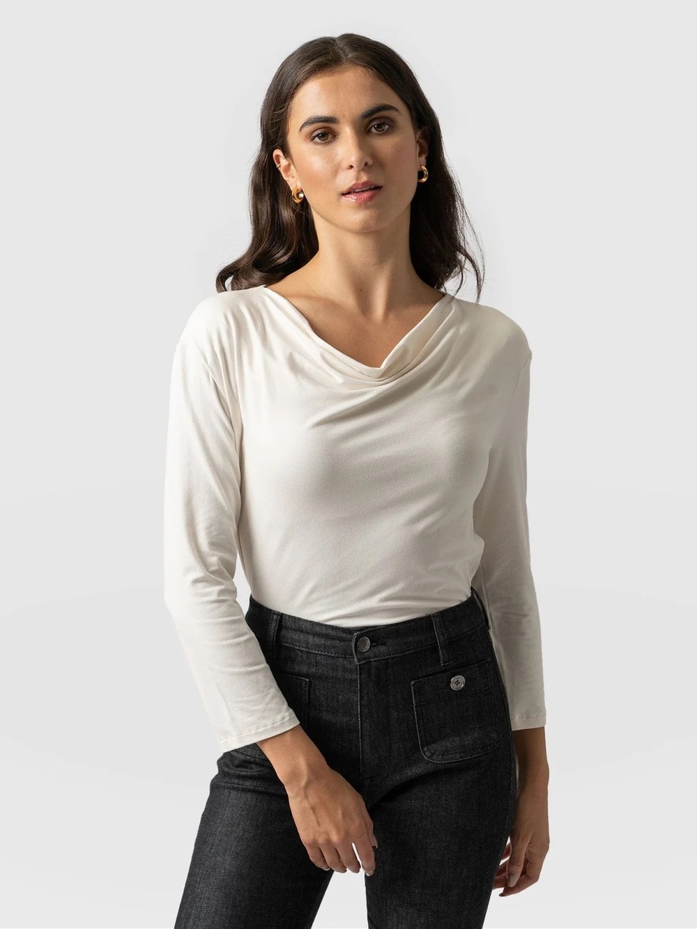 Saint + Sofia Elegant Cream Cowl Neck Blouse quarter sleeve Jersey